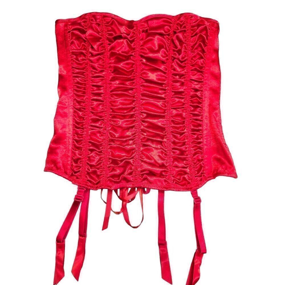 Frederick's of Hollywood Red Satin Ruched Corset and Panty Set